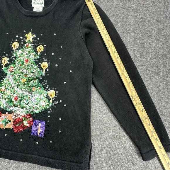 Quacker Factory Christmas VTG  Tree Sequin Sweater L Black Holiday Ugly Festive - Picture 4 of 7